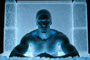 A person sitting in an ice bath surrounded by ice cubes and with a look of determination on their face.  the sensation of coldness.