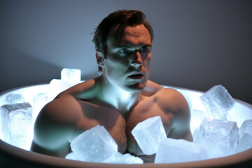 A person sitting in an ice bath surrounded by ice cubes and with a look of determination on their face. the sensation of coldness.