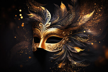 Luxury Mardi Gras golden mask with feathers. Dark background with shining bokeh effect and golden dust glitter. Banner of a venetian carnival concept with copy space. Generative AI. - obrazy, fototapety, plakaty