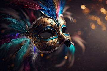 Mardi Gras mask with colorful feathers. Dark background with shining bokeh effect. Banner of a venetian carnival concept with copy space. Generative AI.