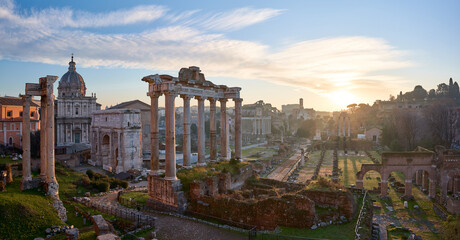 Fototapeta na wymiar Morning light at the Roman Forum (Foro Romano), ruins of ancient Rome, Italy 