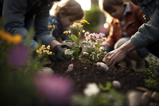 close-up shot of a family tending to their garden in their suburban neighborhood. The shot focuses on the hands of the family members as they plant flowers, prune bushes, and water their plants, AI