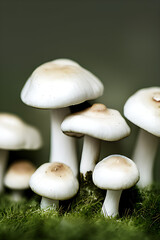 White mushrooms on green grass, Generative AI