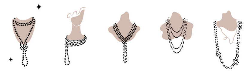 Necklace jewerly. Charleston Party. Gatsby style set. Vintage style.retro silhouette.1920 party vector background. Decoration treasure pearl. great twenties jazz art. Beauty  woman neck