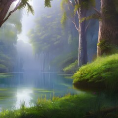 A surrealist park with overgrown plants and a misty lake1, Generative AI