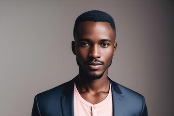 A dark-skinned man in a dark jacket with a mustache and beard, with a short haircut, poses in a studio on a gray background. Generative AI