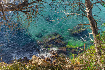 Mediterranean coast with stones and trees around