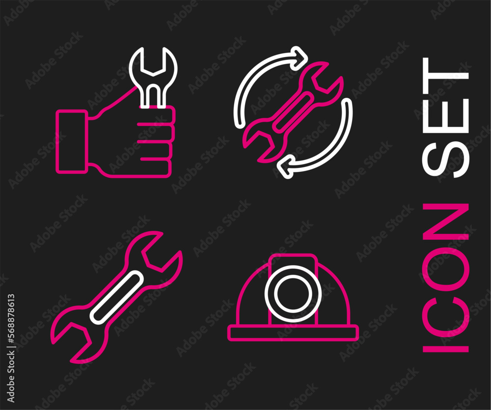 Poster set line worker safety helmet, wrench spanner, and arrows as workflow and icon. vector