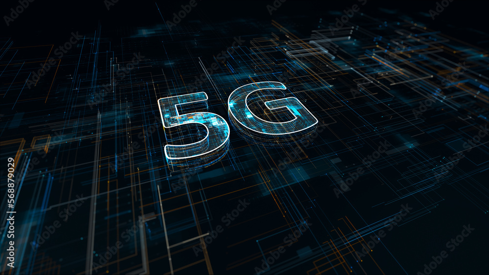 Poster dark blue particle 5g logo with data transfer concept and connection technology of future with grid 