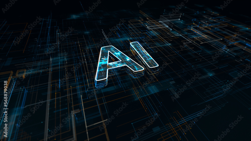 Poster dark blue particle ai logo with data transfer concept and connection technology of future with grid 