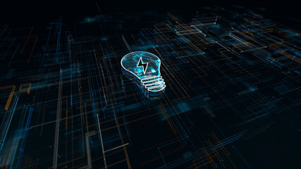 Dark blue particle Lightbulb logo ideas concept with grid line digital futuristic technology abstract background