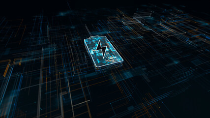 Dark blue particle Battery logo electrical power concept and power reserve with grid line digital futuristic technology abstract background