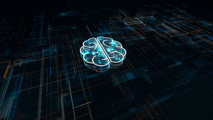 Dark blue particle Brain logo  with grid line digital futuristic technology abstract background