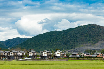 Fototapeta na wymiar Japanese paddy field in rural area. rural japanese village Among the mountains and rice fields with a bright atmosphere.