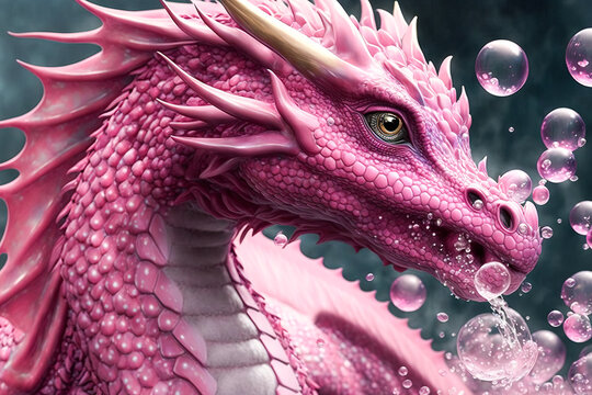  Beautiful dreamy pink dragon the color of bubble gum blowing bubbles. Year of the dragon 2024. Fantasy image of a dragon created with generative ai.