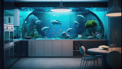 Luxury interior kitchen with aquarium to the elegant person so that the preparation of the food is also special