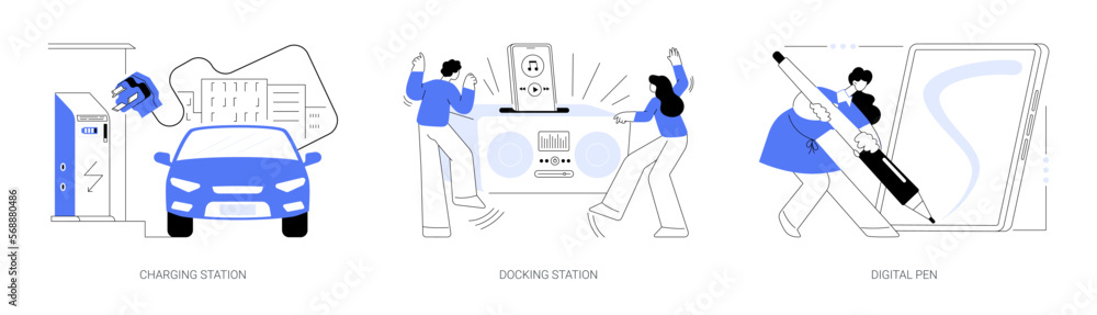 Poster electronic device use and charge abstract concept vector illustrations.