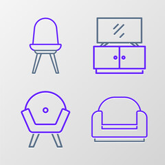 Set line Armchair, TV table stand and Chair icon. Vector