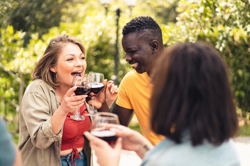 Happy multiracial friends celebrating at picnic toasting with red wine - people lifestyle concept
