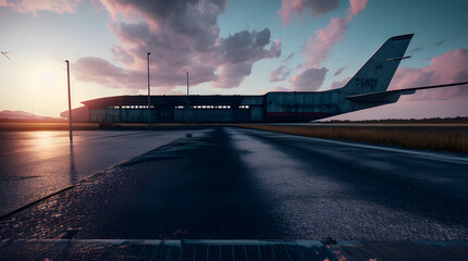 3d render of a sunset at the abandoned airport with an airplane in the runway