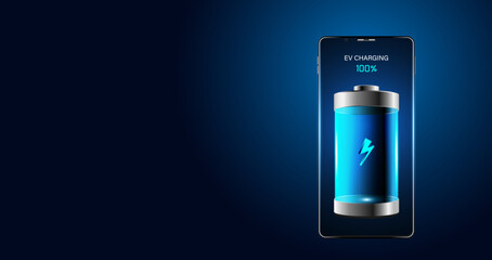 Abstract phone, battery charger, ev car, electric car on phone display. with blue battery On a blue background, technology, futuristic, modern.