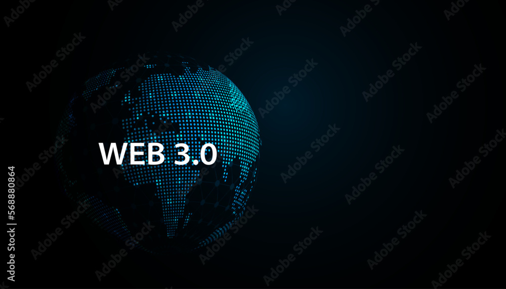 Poster abstract world map technology blue dots modern web 3.0 concept is free access to information or serv
