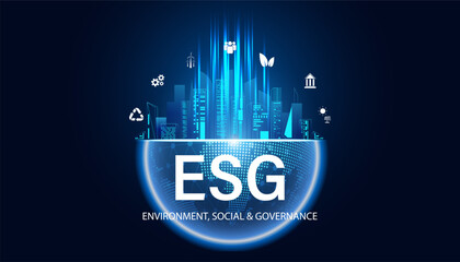 Abstract ESG concept Environment, Social, and Governance, illustrated idea global energy conservation and icons, people, wind turbines, bank, solar power and circular economy on blue