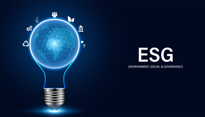 Abstract ESG concept Environment, Social, and Governance, illustrated idea from bulbs and global energy conservation and icons, people, wind turbines, bank, solar power and circular economy on blue