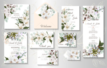 Wedding invitation with white spring flowers, isolated on white. Vector illustration.