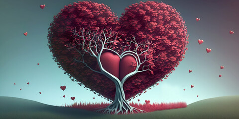 Valentine's Day wallpaper with a heart-shaped tree in 3D representation. The tree is the meeting place of lovers on this holiday. AI generated image.