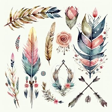Watercolor ethnic boho set of arrows, feathers and flowers, native American tribe decoration print element, tribal Navajo isolated illustration bohemian ornament, Indian, AI assisted finalized by me