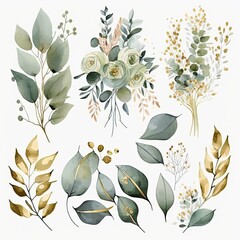 Watercolor floral illustration set - flower and green gold leaf for wedding stationary, greetings, wallpapers, background. Eucalyptus. AI assisted finalized by me