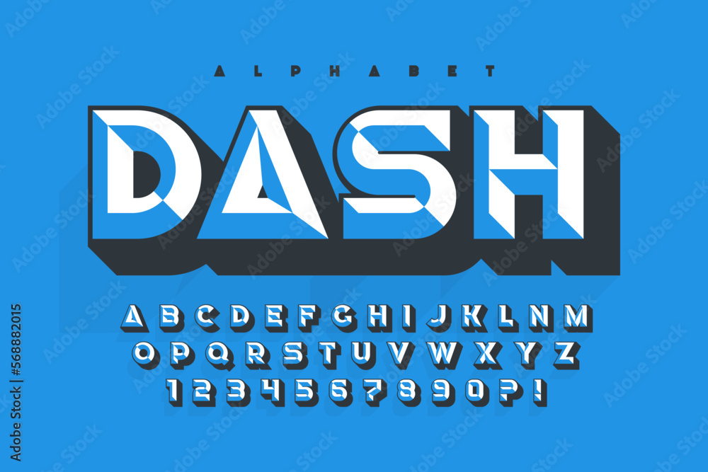 Poster original display font design, chisel alphabet style, letters and numbers.