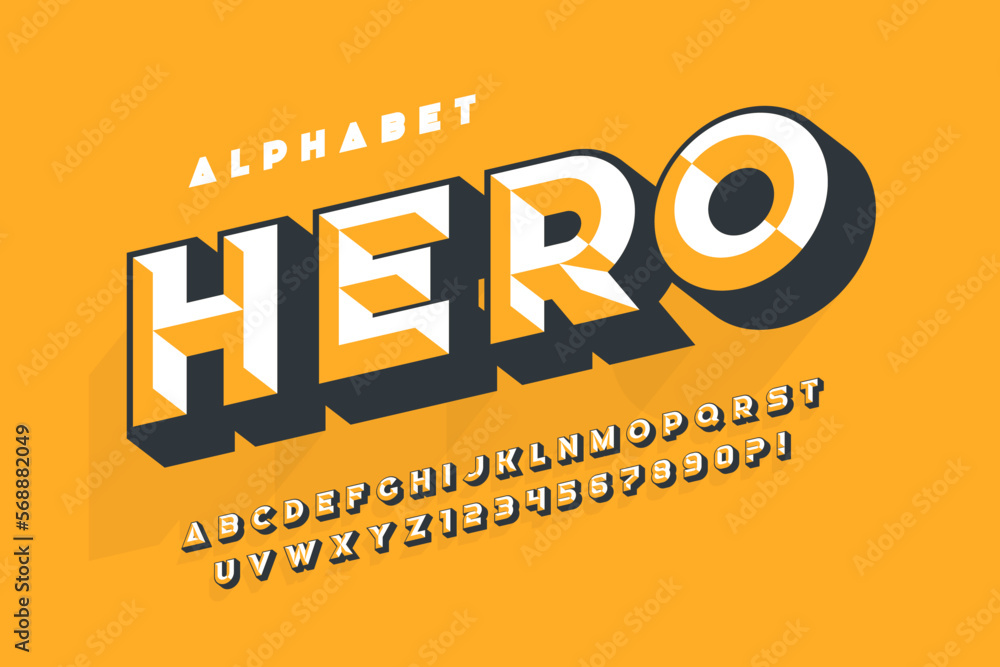 Poster original display font design, chisel alphabet style, letters and numbers.