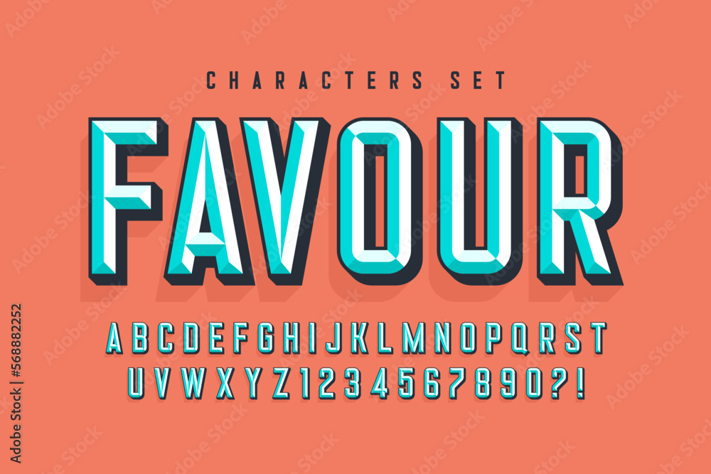 Poster original display font design, chisel alphabet style, letters and numbers.