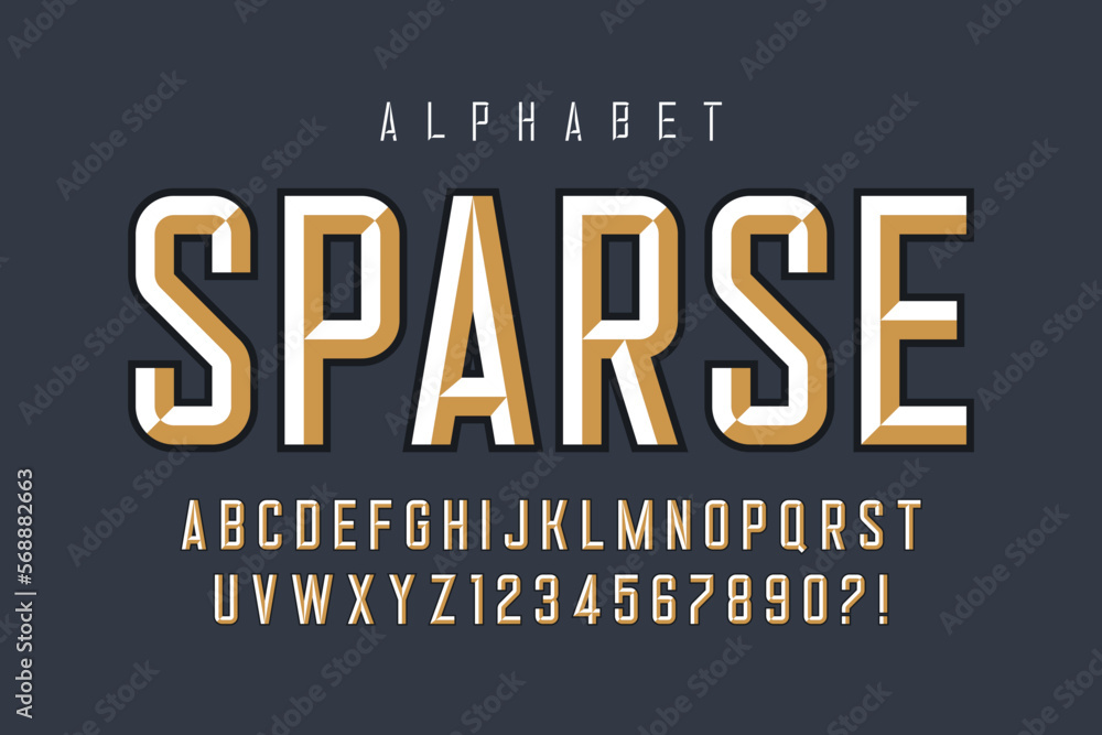 Poster original display font design, chisel alphabet style, letters and numbers.
