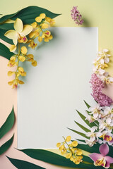 Decorated Orchid Flowers and Leafs in Corner, Soft Color, Combination White, Yellow, Green, Purple and Broken White for Greeting Card, Memo, Note, Gift, Wallpaper, Theme, Background, Frame