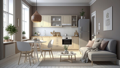 interior modern kitchen room and dining room. Generative Ai