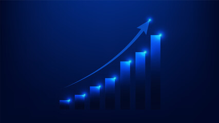 bar chart with uptrend arrow show  growth of business performance and profit of investment on blue background