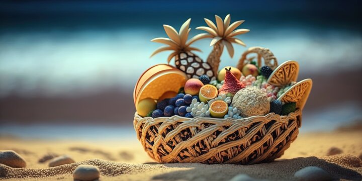 romantic fruit basket with bokeh background of beach, generative artificial intelligence