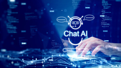 The concept of a person using a computer connected to ChatAI technology to help process the required information. artificial intelligence intelligent assistant in cyber consulting inquiries.