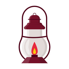 Vintage kerosene lamp. Old gas lantern with holder and burning candle, lighting for miners or travelers on white background