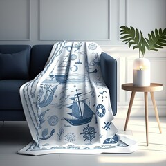 soft blanket with holiday pattern, sailor, summer, white and blue, generative artificial intelligence