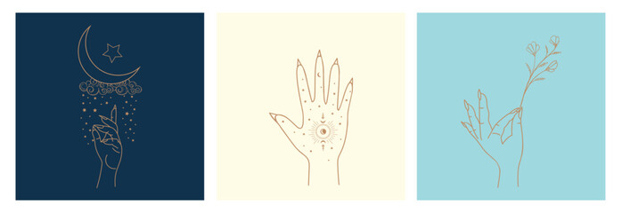 Set of mystic magic celestial amulets with woman hands, sun, moon,flowers,stars sacred geometry. Spiritual occult object.