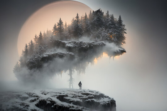 A fantastic cliff looking like giant wolf, warg Fenrir, looking at you trough snow covered trees in the northern forest at twilight. AI generated