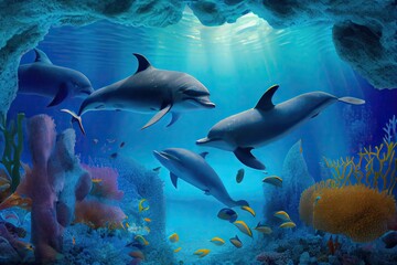 Dolphins and other fish underwater, water world generative ai illustration