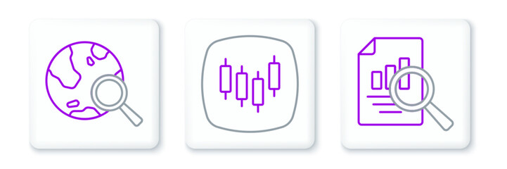 Set line Document with graph chart, Search globe and Browser stocks market icon. Vector