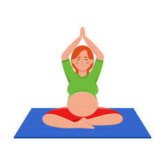 Pregnant woman sitting in lotus pose, doing yoga. Young mother doing exercises isolated on white background. Pregnancy, health, relaxation concept