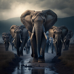 A herd of elephants against the backdrop of mountains close-up. Generative AI.