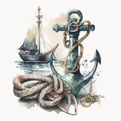 Watercolor hand drawn nautical / marine illustration with anchor and rope, AI assisted finalized in Photoshop by me 
